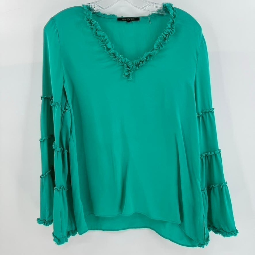 Kobi Halperin Size S Green Dahlia Silk Bell Sleeve V-Neck Ruffle Blouse Top